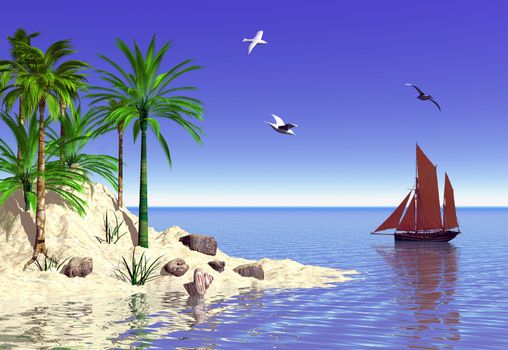 A tranquil tropical island set in the blue sea with a boat passing by.