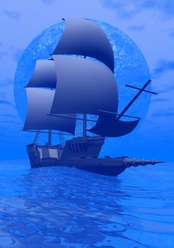 Beautiful ancient boat floating on the ocean by blue full moon night