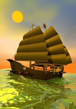 Beautiful oriental junk floating on the ocean by orange and green sunset
