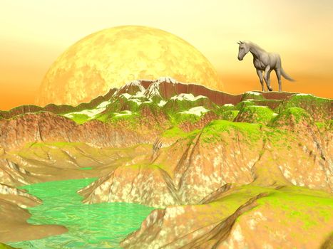 Beautiful white horse standing on a hill in the mountain next to a big full moon and with grass near a green river