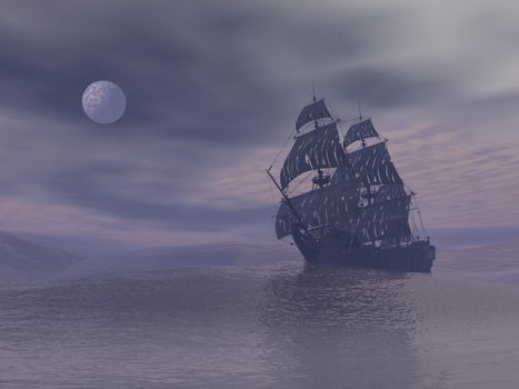 Old ghost boat floating on the ocean by grey foggy night with full moon