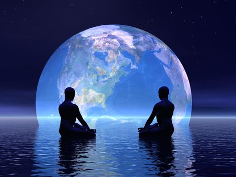 Two human silouhettes meditating in front of the earth by night