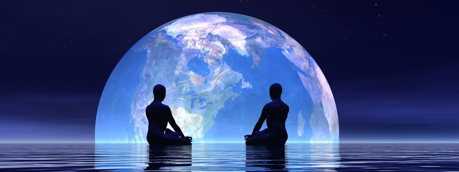 Two human silouhettes meditating in front of the earth by night