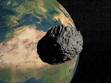 Big grey meteorite going to earth in universe full of stars