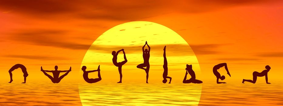 Silouhettes of people doing yoga asanas by sunset - 3D render
