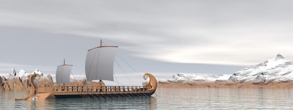 Old greek trireme boat on the ocean next to snowy mountains by cloudy weather