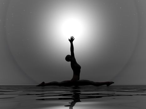 Woman practicing yoga under light by dark night