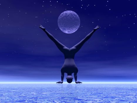 Man practicing yoga under full moon by starry night