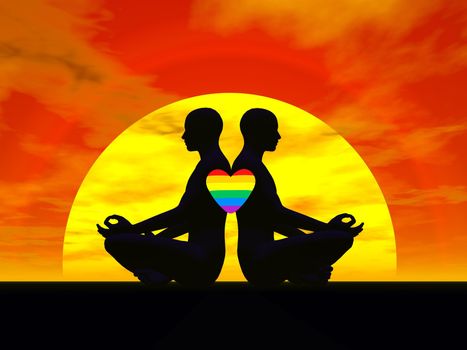 Shadow of two men back to back in lotus meditating posture by sunset, one rainbow color heart upon them