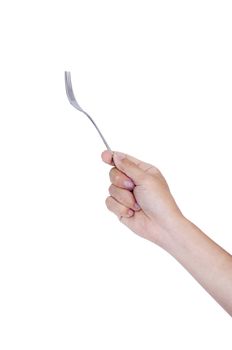 man hand holding a fork, isolated with clipping path in jpg.