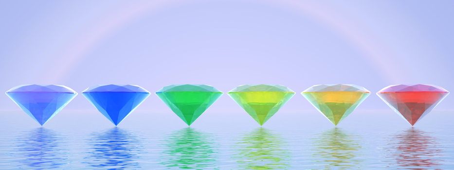 Six diamonds with rainbow colors in clear landscape with halo