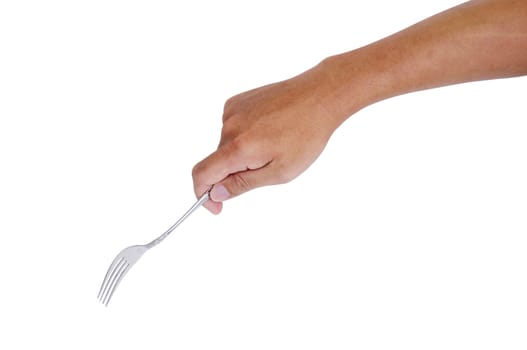 man hand holding a fork, isolated with clipping path in jpg.