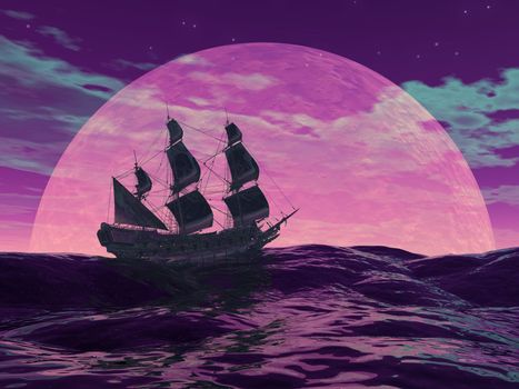 Flying dutchman boat floating on the ocean in front of a very big full moon by violet night