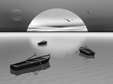 Old wood boats with two paddles staying on the quiet water by night with seagulls flying