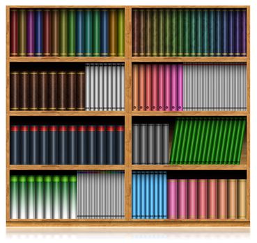 Color books with blank covers in wooden bookshelf isolated on white background