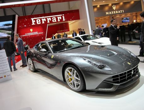 GENEVA - MARCH 8 : grey ferrari F12 Berlinetta on display at the 83st International Motor Show Palexpo - Geneva on March 8, 2013 in Geneva, Switzerland.