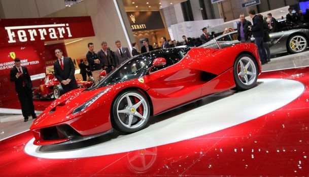 GENEVA - MARCH 8 : red ferrari Laferrari hybrid supercar on display at the 83st International Motor Show Palexpo - Geneva on March 8, 2013 in Geneva, Switzerland.