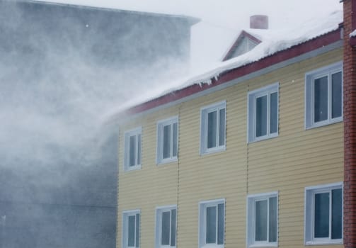 The snowstorm, bad visibility, snow drifts. Winter.