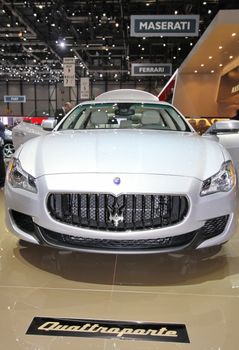 GENEVA - MARCH 8 : white Maserati Quattroporte on display at the 83st International Motor Show Palexpo - Geneva on March 8, 2013 in Geneva, Switzerland.