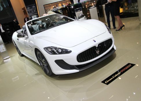 GENEVA - MARCH 8 : white Maserati Grancabrio MC on display at the 83st International Motor Show Palexpo - Geneva on March 8, 2013 in Geneva, Switzerland.