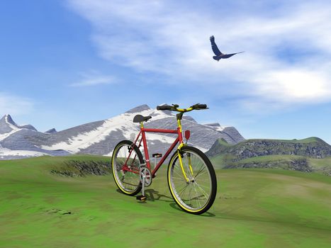Red mountain bike at the mountain by summer day with eagle flying in the cloudy sky