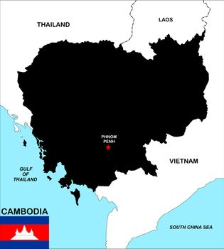 big size political map of cambodia with flag