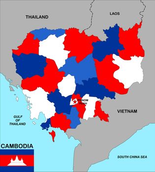 big size political map of cambodia with flag