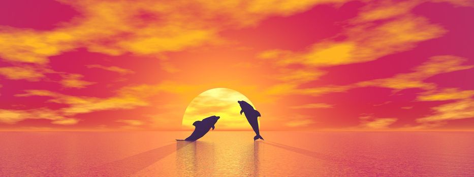 Shadow of two small dolphins jumping in the ocean toward the sun by red sunset