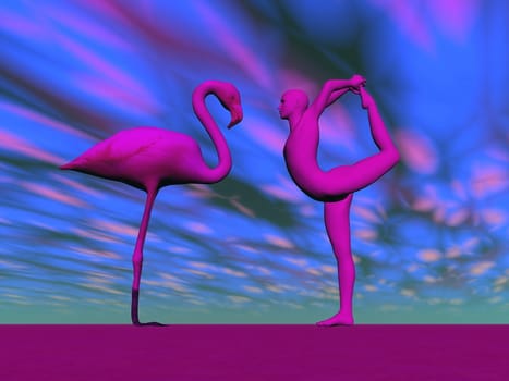 Pink human practicing yoga in front of flamingo in blue background