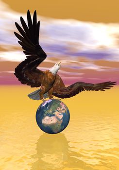 Beautiful royal eagle standing upon the earth to protect it, brown cloudy background