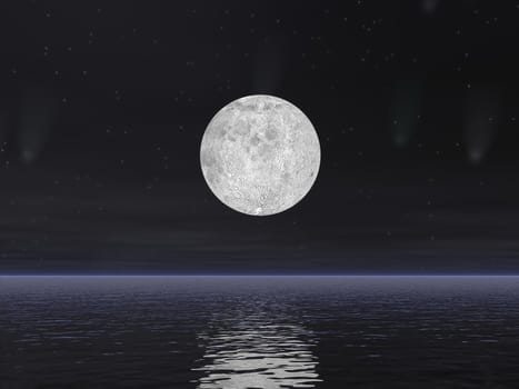 Beautiful full moon by dark night with stars and comets over the ocean