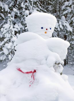 Snowman made by nature and resourceful man. winter