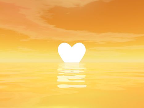 Small yellow heart upon the ocean as for sunset in orange background