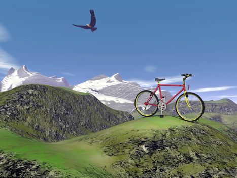 Red mountain bike at the mountain by summer day with eagle flying in the blue sky