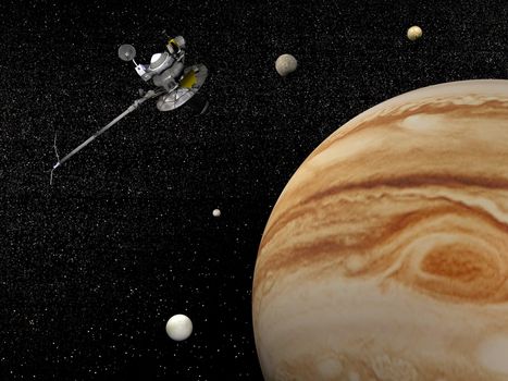 Voyager spacecraft near Jupiter and four of its famous satellites - Io, Europa, Ganymede and Callisto - by night - Elements of this image furnished by NASA