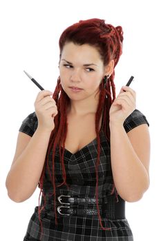 Modern red-haired accountant with pen isolated on white background 