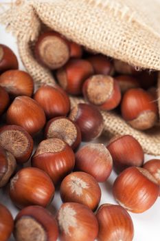 Closeup view of hazelnuts over white background