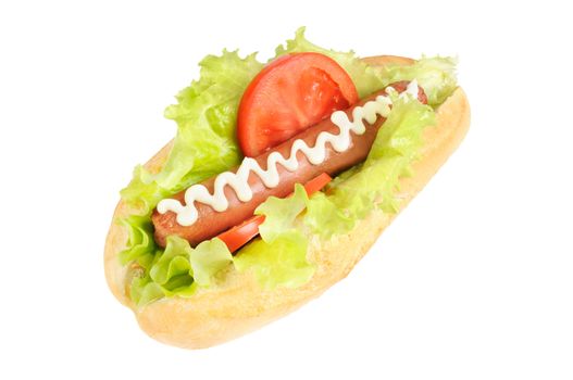 Tasty and delicious hotdog. Isolated on white.