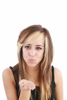 Portrait of a woman blowing a kiss against a white background