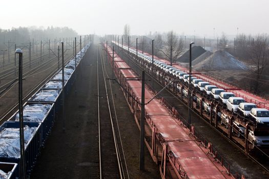 Freight trains with different cargo on the station
