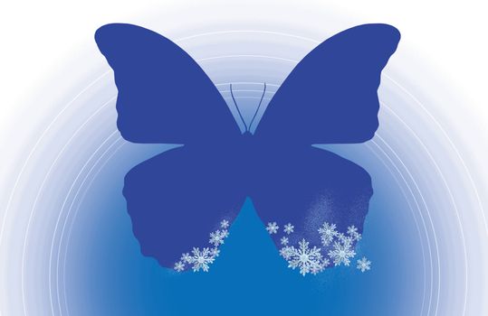 background of silhouette blue butterfliy with white snowflakes