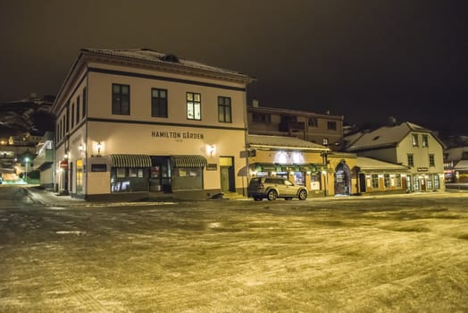 on the left "hamilton yard" that houses "adecco", next to the right "grotten" which is a fast food shop and rightmost there is a flower shop, the image is shot in february 2013