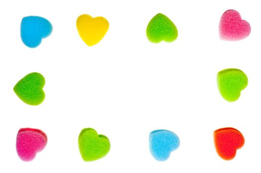 Frame of colorful hearts on a white background