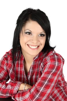 Beautifil brunette female against a white background