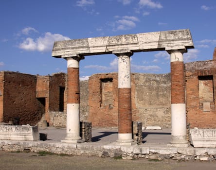 Columns in the Forum in the Roman city of Pompeii.  It was completely buried by an eruption of Mount Vesuvius in AD 79.
