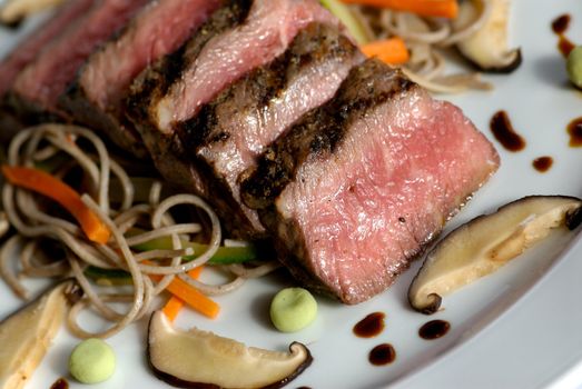 Image of seared sliced beef with vegetable garnish