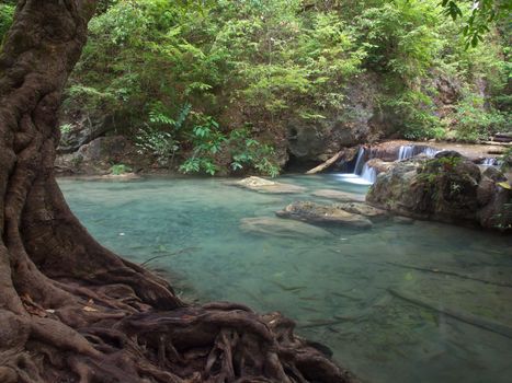 Emerald color water in Erawan waterfall, Erawan National Park, Kanchanaburi, Thailand