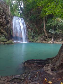 Emerald color water in tier third of Erawan waterfall, Erawan National Park, Kanchanaburi, Thailand