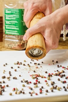 Female hands holding pepper mill