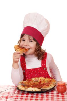 hungry little girl cook eat pizza